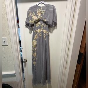 ASOS Design Gray Embroidered Maxi Dress Sheer Overlay Floral Boho US 4